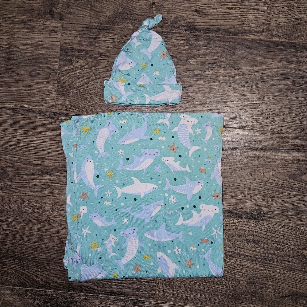 Little sleepies swaddle and knotted hat set in shark soiree print